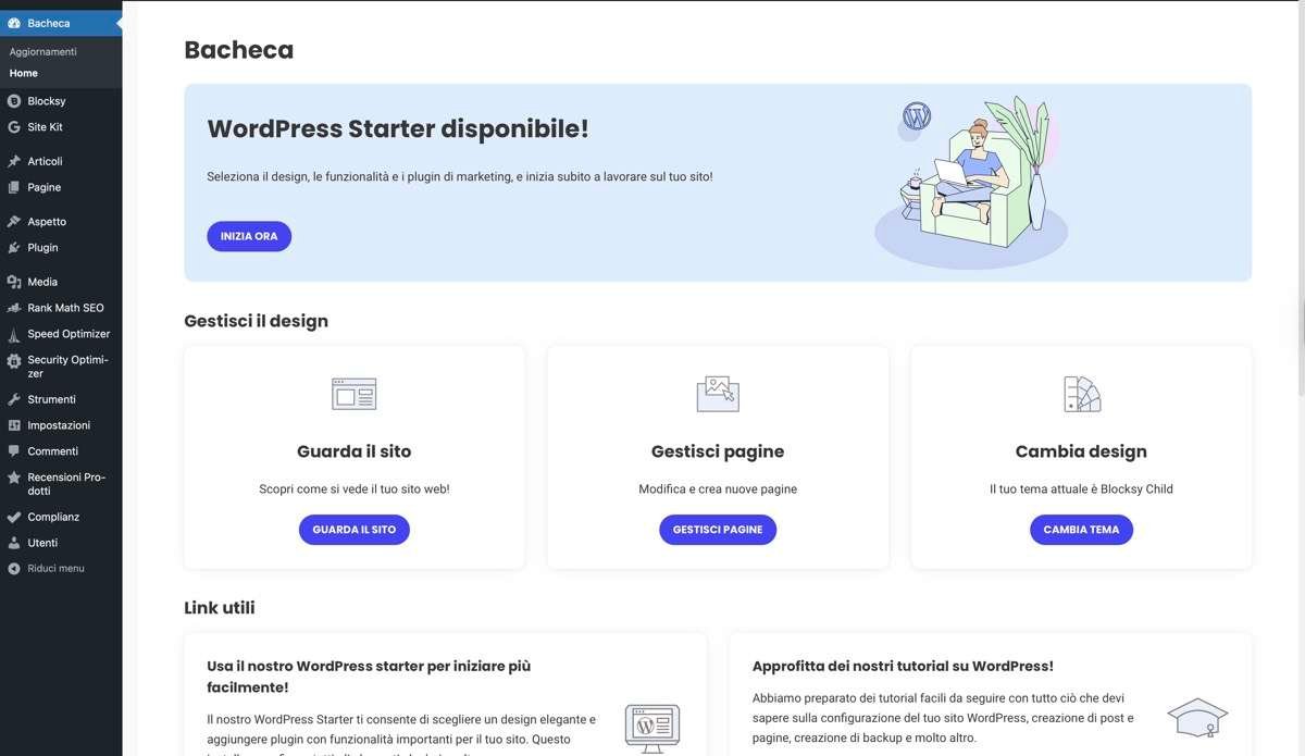 Wordpress. Org: installazione e configurazione iniziale 4 Schermata principale della bacheca di wordpress (dashboard) con il menu di navigazione a sinistra e il pannello di benvenuto.