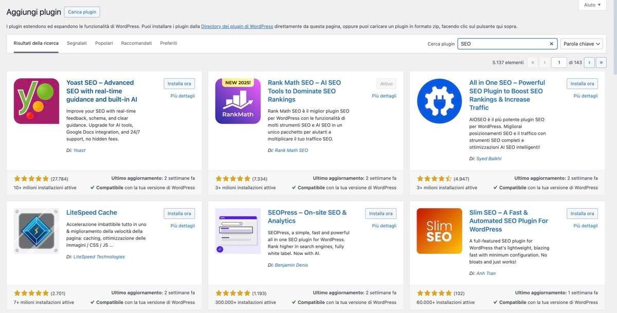 Wordpress. Org: installazione e configurazione iniziale 6 Schermata della sezione aggiungi nuovo plugin di wordpress che mostra come usare la barra di ricerca per trovare e installare estensioni