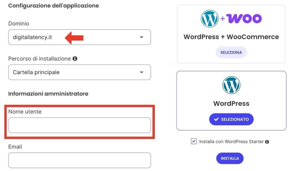 Wordpress. Org: installazione e configurazione iniziale 2 Screenshot dell'interfaccia di installazione automatica di wordpress su un pannello di hosting con evidenziati i campi dominio e utente amministratore.