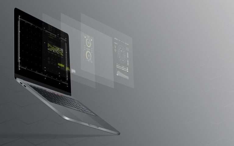 Laptop fluttuante con layout olografici rappresentanante un website builder
