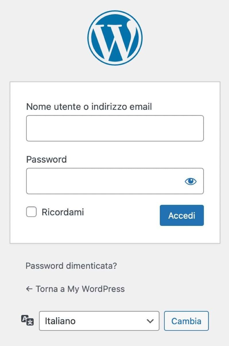 Wordpress. Org: installazione e configurazione iniziale 3 Schermata di login di wordpress con campi per inserire nome utente e password per accedere all'area amministrativa.
