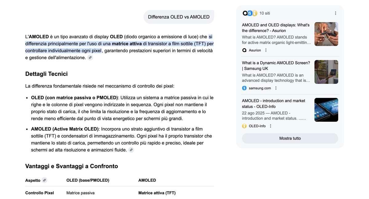 Seo per ai overview: da ranking a fonte autorevole 2 Schermata google ai overview ricerca oled vs amoled con risposta sintetica a sinistra e schede delle fonti a destra