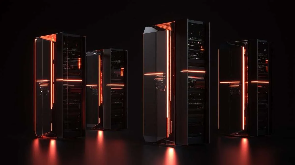 Gruppo di tre server rack isolati in ambiente scuro, con illuminazione verticale rossa e arancione sui pannelli frontali.