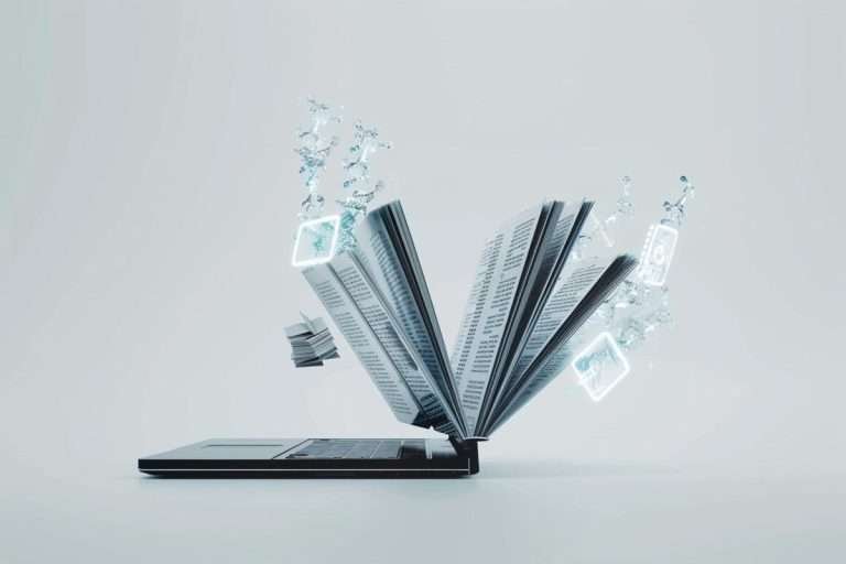 Laptop aperto su sfondo grigio chiaro da cui emerge un libro con pagine in movimento, circondato da frammenti geometrici luminosi azzurri e schizzi d'acqua.