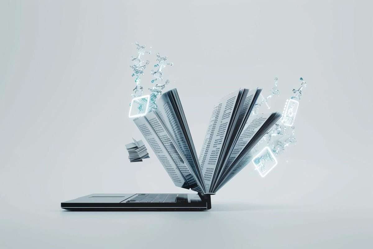 Content pruning: identificare, accorpare e rimuovere contenuti obsoleti 1 Laptop aperto su sfondo grigio chiaro da cui emerge un libro con pagine in movimento, circondato da frammenti geometrici luminosi azzurri e schizzi d'acqua.