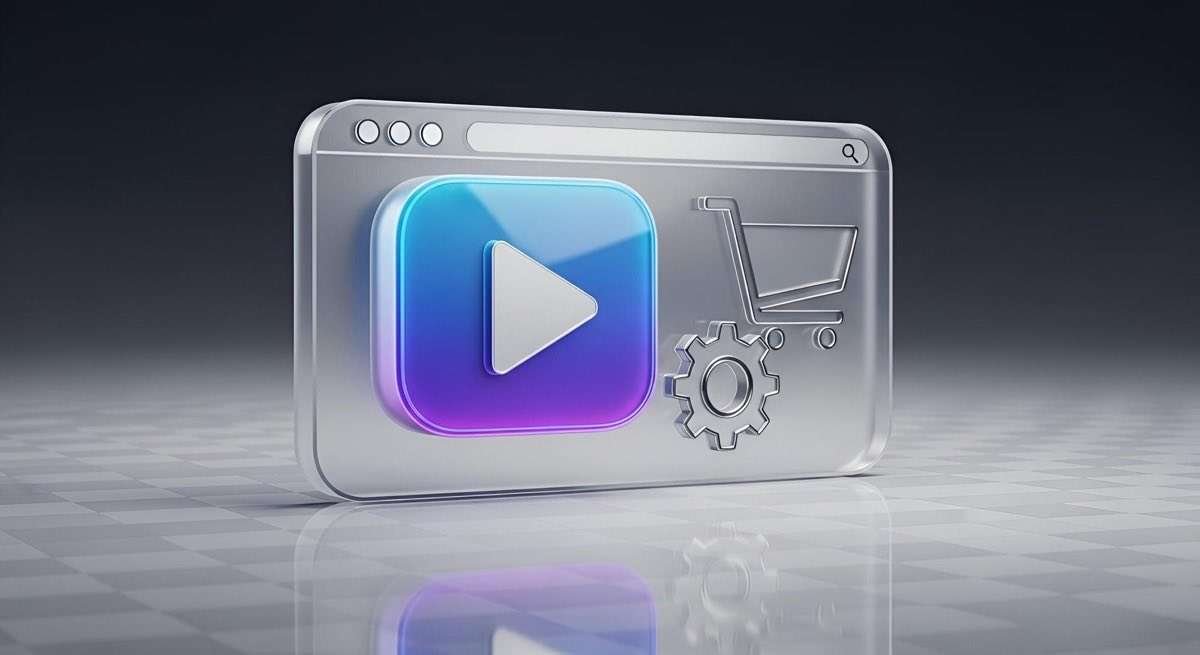 Rappresentazione 3d di un player video con icone di un carrello della spesa e un ingranaggio su sfondo scuro, a simboleggiare la tecnologia e il rendimento economico della video advertising