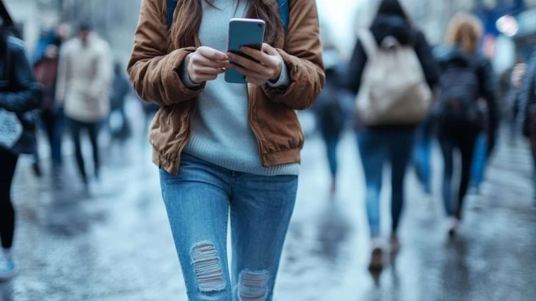 Donna che cammina leggendo un articolo per smartphone e cerca risposte rapide