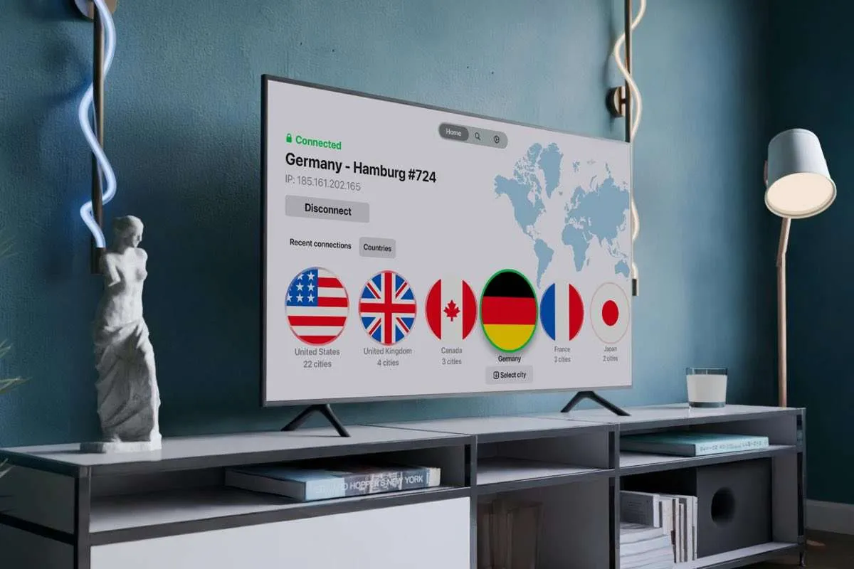 Foto con nazioni su televisore per selezionare paese nord vpn